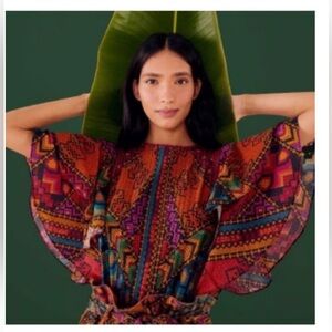 Farm Rio Yawanawa Stripes Blouse: Colorful Geometric Patterned Women's Top NWT